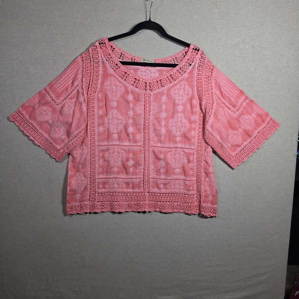 Democracy Embroidered Crochet Lace Peasant top womens 1X coral Pink Cottage